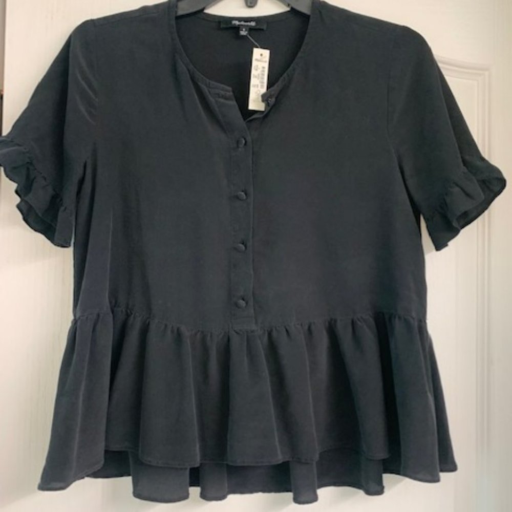 NWT Madewell Silk Studio Ruffle-Hem Top Black S